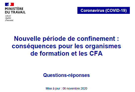 Le ministère du Travail publie un questions/réponses sur les conséquences du nouveau confinement pour les OF et les CFA