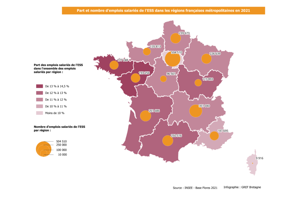 Part et nombre de l'emploi salarié de l'ESS dans les régions métropolitaines_v2